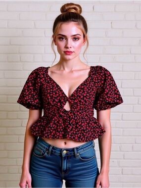 Band Of The Free Strawberry Print Puff Sleeve Smocked Peplum Crop Top  M NWOT